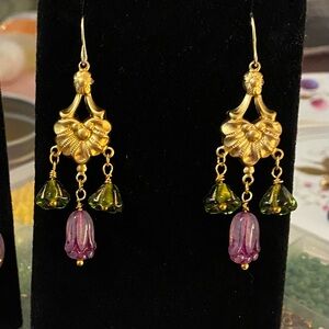 Gold and Green Floral Dangle Earrings